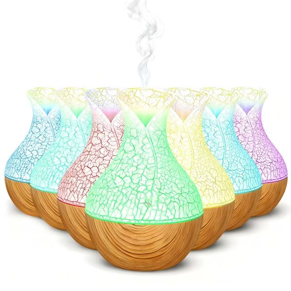 Wood Grain Ultrasonic Air Humidifier Essential Oil Diffuser Cool Mist Maker Humidifiers with 7 LED Color Light for Home Bedroom Desktop 130ML