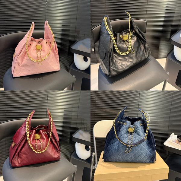 

Woen Vintage Suede Drawstring Tote Designer Bucket Bag With Flap Pockets String Pleated Gold Buckle Hardware Adjustable Matelasse 45678218 Chain Shoulder Handbag, Pink