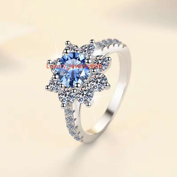 

Exquisite jewelry wedding engagement flower shaped blue diamond VVS1 moissanite S pure silver women's ring