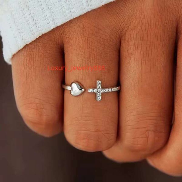 

Female Christian Cross Adjustable Wedding Simple Heart shaped Open Ring