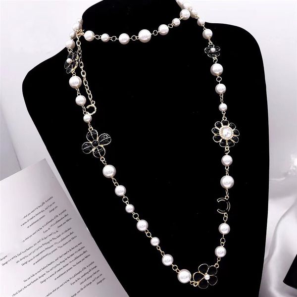 

Fashion Letter Necklace Brand Pearl Flower Pendant Designer Women Long Chain Party Wedding Gift 18K Gold Plated Jewelry