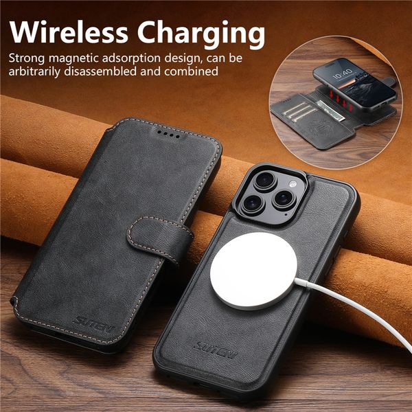 

Magnetic Removable Folio Phone Cases for iPhone 16 15 14 13 12 Pro Max 5G Multiple Card Slots Leather Wallet Clutch Bracket Car Mount Shell Supports Wireless Charging, Brown