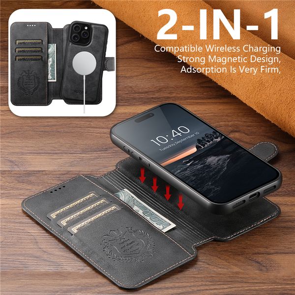 

2 in 1 Magnetic Folio Phone Cases for iPhone 16 15 14 13 12 Pro Max 5G Sturdy Multiple Card Slots Leather Wallet Clutch Bracket Car Mount Shell Supports Wireless Charging, Black