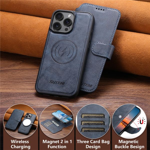 

2 in 1 Magnetic Folio Phone Cases for iPhone 16 15 14 13 12 Pro Max 5G Multiple Card Slots Leather Wallet Clutch Kickstand Car Mount Shell Supports Wireless Charging, Blue