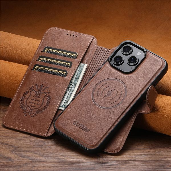 

Removable Magnetic Flip Phone Cases for iPhone 16 15 14 13 12 Pro Max 5G Sturdy Multiple Card Slots Leather Wallet Clutch Kickstand Shell Supports Wireless Charging, Brown