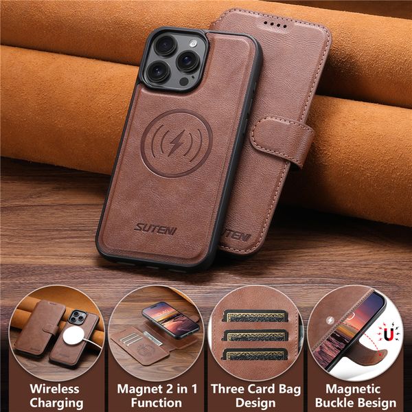 

2 in 1 Detachable Magnetic Folio Phone Cases for iPhone 16 15 14 13 12 Pro Max 5G Multiple Card Slots Leather Wallet Clutch Kickstand Shell Supports Wireless Charging, Brown