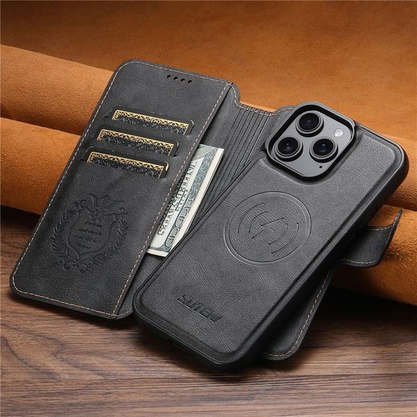 

Magnetic Folio Phone Cases for iPhone 16 15 14 13 12 Pro Max 5G Multi-functional Multiple Card Slots Leather Wallet Clutch Car Mount Shell Supports Wireless Charging, Black
