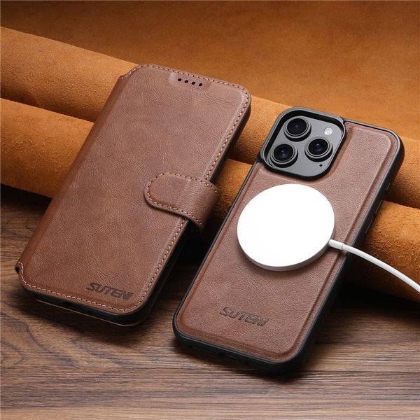 

2 in 1 Magnetic Flip Phone Cases for iPhone 16 15 14 13 12 Pro Max 5G Multi-functional Multiple Card Slots Leather Wallet Clutch Bracket Shell Supports Wireless Charging, Brown