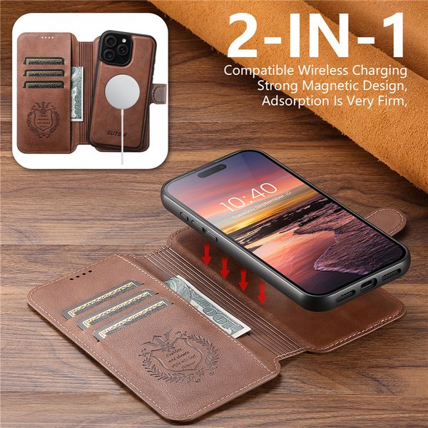 

2 in 1 Removable Magnetic Flip Phone Cases for iPhone 16 15 14 13 12 Pro Max 5G Multiple Card Slots Leather Wallet Clutch Kickstand Shell Supports Wireless Charging, Brown