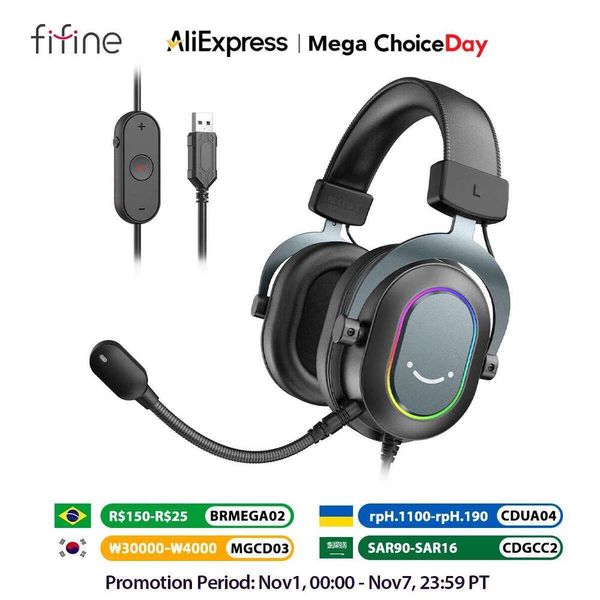 Fifine Dynamic RGB Gaming Headset With Mic Over-Ear Headphones 7.1 Surround Sound PC Ps4 Ps5 3 EQ Options Game Movie Music