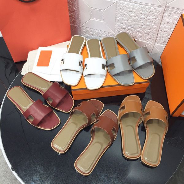 

Designer Slippers Oran Sandals Women's Fashion Luxury Slide Letter Slide Rubber Leather Flat Shoes Summer Beach Bath Slippers Brown Retro Sandals, H-7