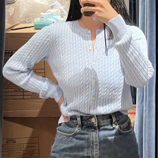 

Women Knits Tops Spring Soft Cotton Cardigan Designer Knit Embroidered Pink Sky Blue Sweet Style Slim Fit Asian Size Everyday Wear, K8-brown