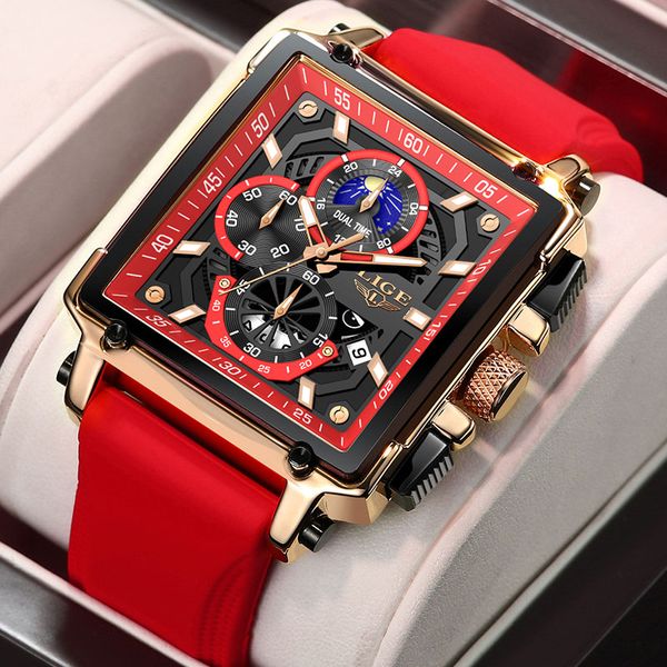 

LIGE New Business Watch Quartz Watch Square Dial Fashion Classic Men's Watch Sports Night Light Clock Gift Quarzuhr, Red