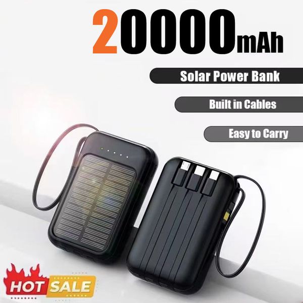 Outdoor Energy Solution Charger 20000mAh Capacity Portable Solar Power Bank 4 in 1 Built in Cables Comes with LED lights for Huawei Xiaomi Samsung Apple