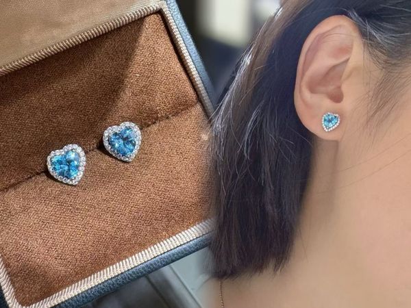 

2025 French Retro 925 Sterling Silver Natural Topaz Blue Heart-shaped /Circle Gemstone Ear Studs Piercing Earrings Jewelry Ladies Gifts