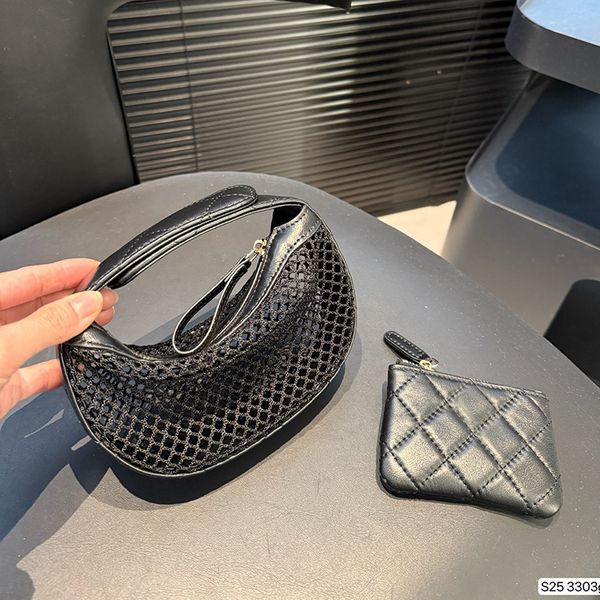 

Hollow mesh Moon Bag Makeup Bag Designer Women Purse Leather ribbed Gold Hardware Metallic Buckle Mini Purse Two-piece Dinner Dress Bag Sweet Princess Bags Black 18cm