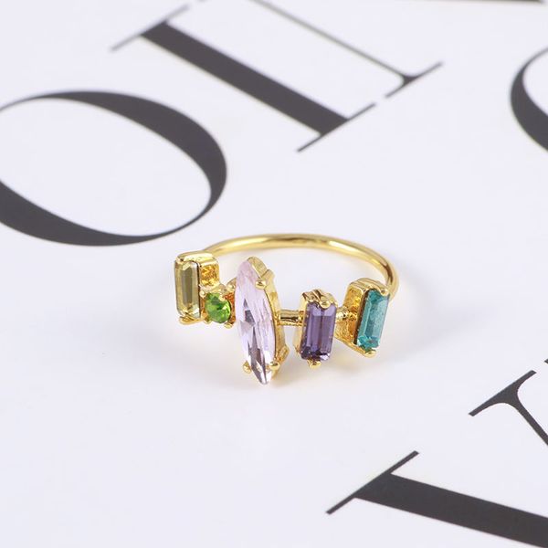 

2025 18K Gold Plated Multi Crystal Rings Open Finger Band Amethyst&Emerald Trendy And Eye-Catching Anti-rust Fine Jewelry For Womem