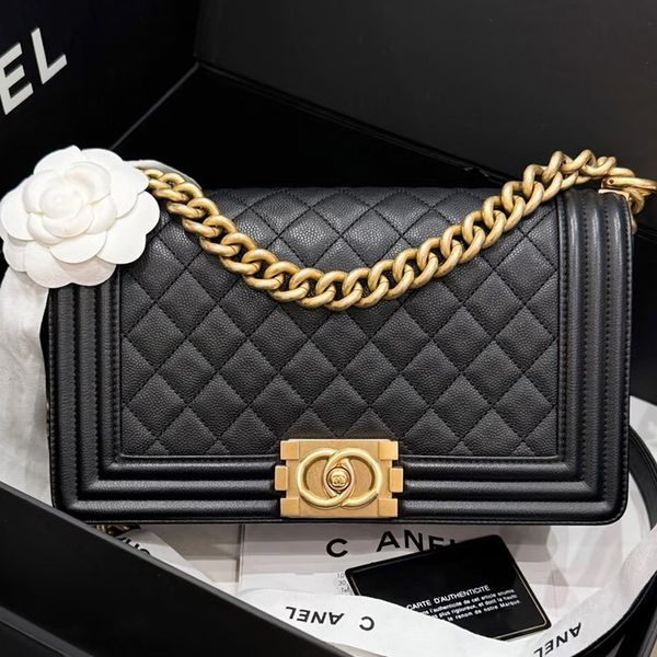 

Designer bag Single-shoulder bag Leboy bag Luxurious Classic and high-quality Caviar checkered flap handbag gold and silver chain leather metal letter underarm bag, C-9-25cm