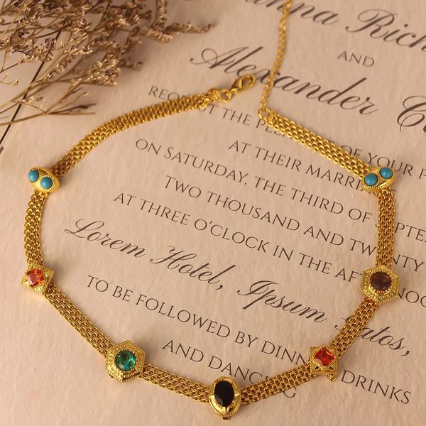

2025 Originality Exquisite Eco-friendly Brass Turquoise/Agate/Red Crystal/Ruby/Amethyst Necklace Light Luxury Long Chain Jewelry Ladies Choker
