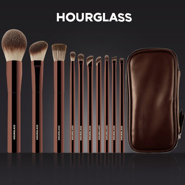 

2025 Top Sell Makeup Brushes 10pcs/set Hourglass Powder Eyeshadow Domed Crease Make Up Brush Stippling Angled Shadow Brow With Cosmeetic Bag, Brown