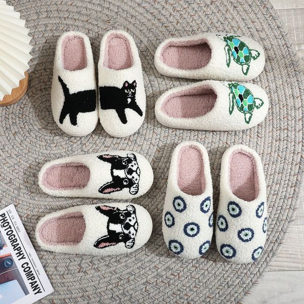 

Home Winter Plush Flat Sole Breathable Anti-slip Warm Wear-resistant Shock-absorbing Cartoon Embroidered Indoor Cotton Slippers