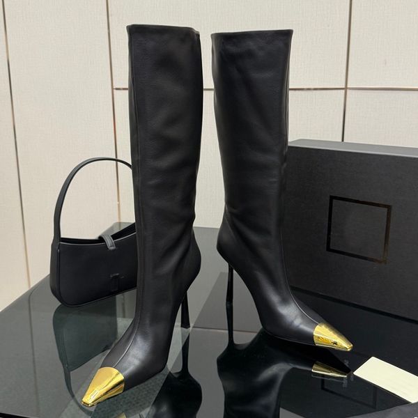 11cm super high heels designer boots woman boots designer womens knee high boots black leather heel boots sexy metal square toes long boots women luxury boots 35-42