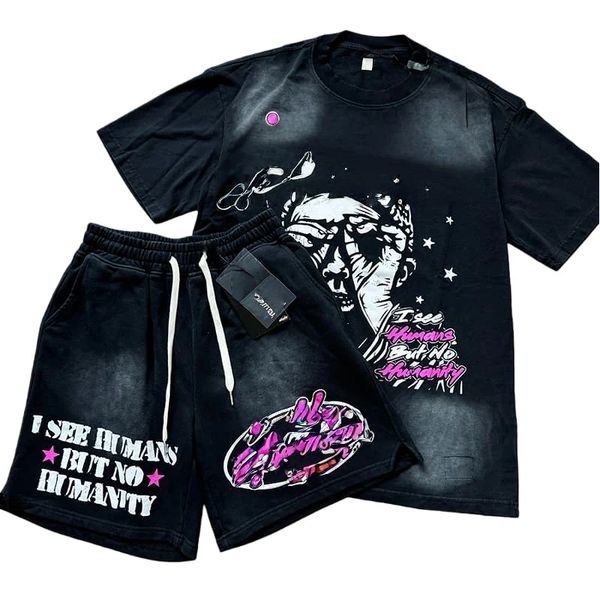 

2024 Hip Hop Portrait Slogan Printed Washed Version Tee & Shorts Set, Beige