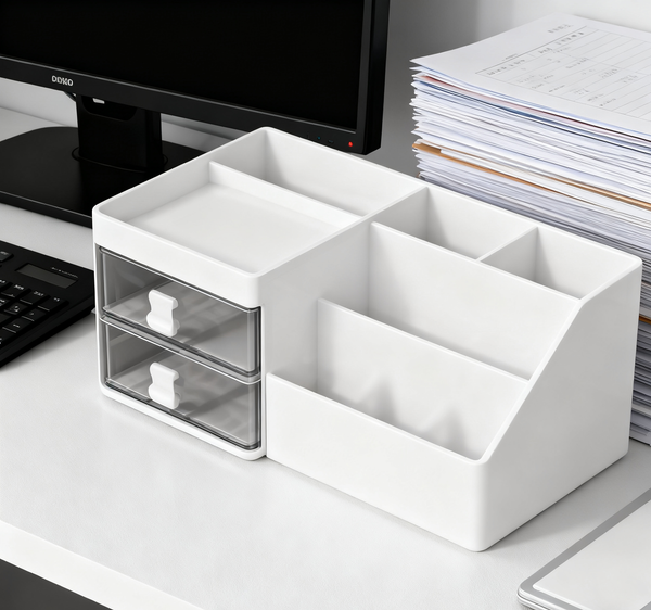 

multi grid layered storage box orderly placement of stationery and miscellaneous items, White