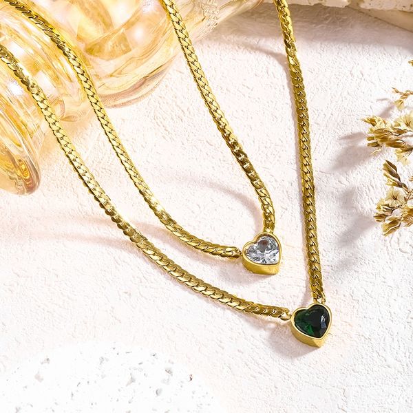 

2025 Luxury Waterproof Stainless Steel Heart Zircon CZ Necklace Herringbone Blade Flat Snake Cuban Chain Love Necklace Stack Jewelry