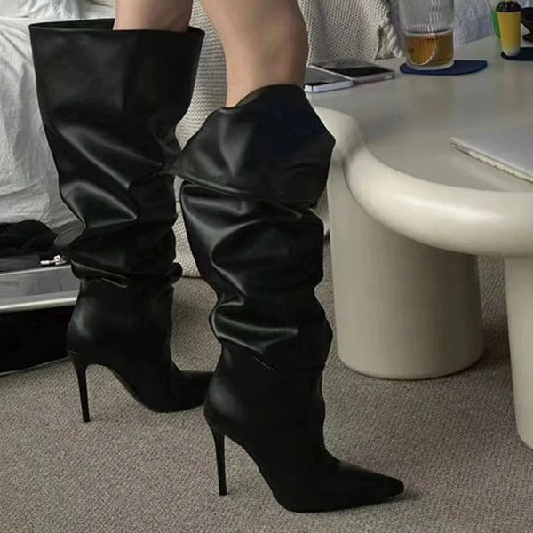 Pointed Toe Wide Leg Fold Wrinkles Women Thin Heel Sexy Party Knee High Boots