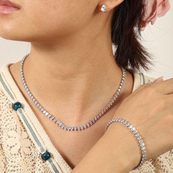 

fashion classic stainless steel water drop zircon necklace earrings bracelet three-piece set dinner wedding party dress accessories, White