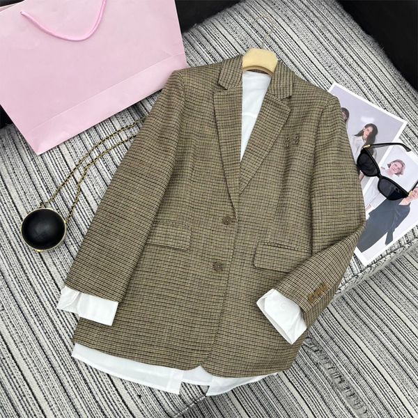 

Designer Women Suits long sleeved suit jacket dress waist coat thousand bird grid long style versatile college style Collar solid color, Yellow