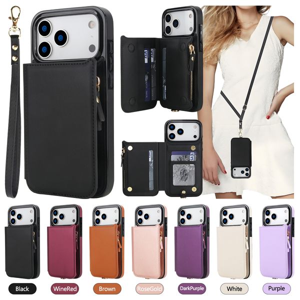 Crossbody Card Wallet Phone Case for iPhone 17 Air 16 15 14 13 12 11 Pro Max Samsung S25 S24 S23 Ultra Plus Fe A73 A72 A55 A54 A35 A16 5G Multi Cards Pure Color PU Leather Cover
