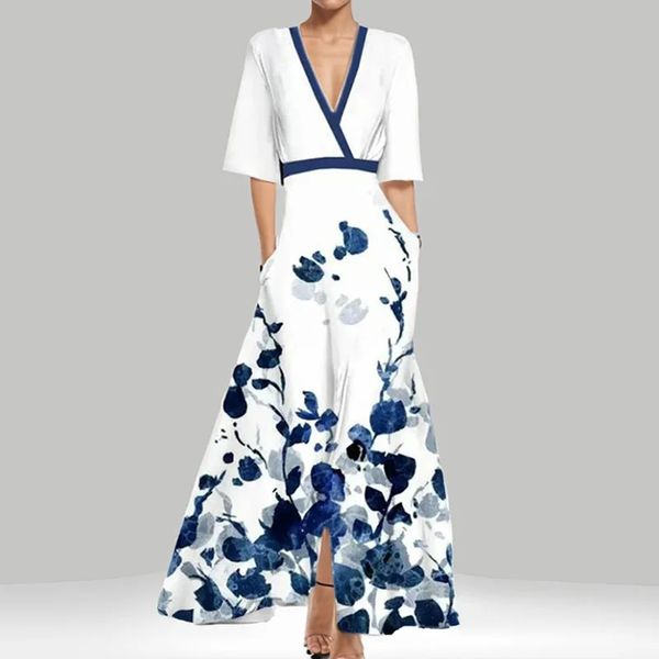 Elegant Short Sleeve Printed Dress For Women High-waisted A-line V Neck Pullover Vestidos Trendy Summer Clothing Robes