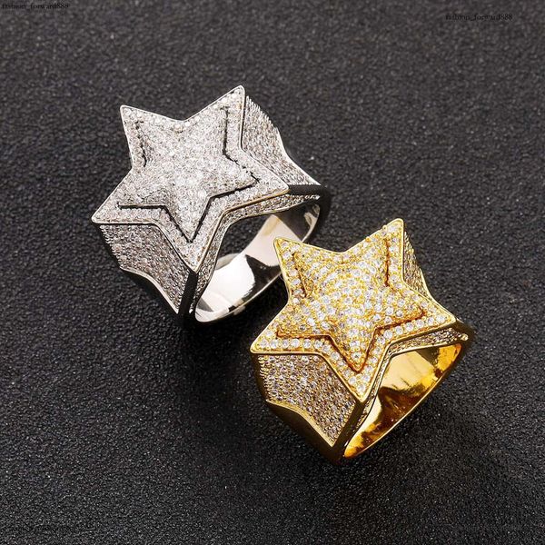 

Luxury designer Hip Hop Ice out VVS Moissanite 3D five-point star double copper plated real gold Men women Hip hop rings