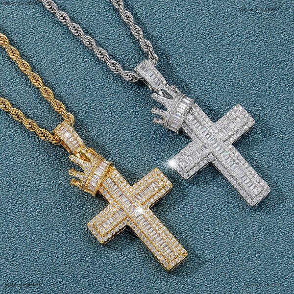 

Luxury designer Crown Cross with real gold plated sterling silver set Ice out VVS Moissanite Hip Hop Men Women Necklace Pendant Free shipping