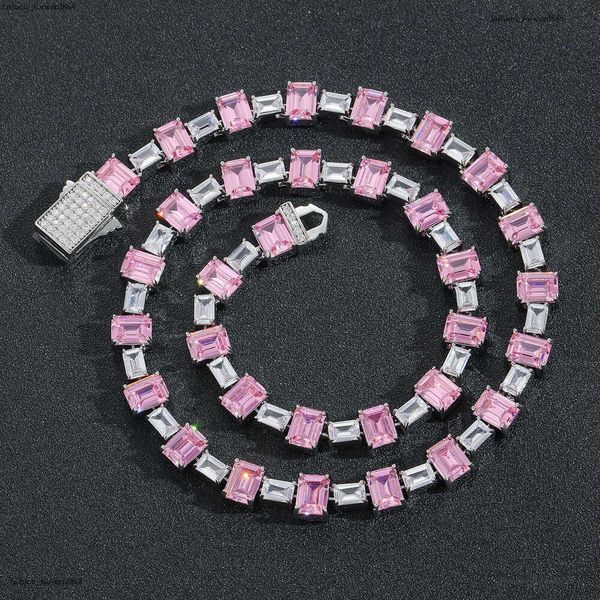 

Luxury designer Pink square ice out VVS Moissanite tennis collarbone chain, hip hop necklace bracelet for men and women Free delivery