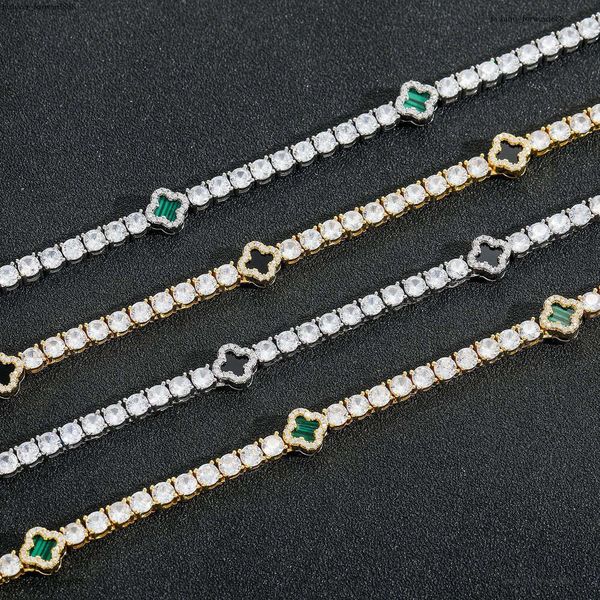 

Luxury hip hop four-leaf clover set Ice out VVS Moissanite tennis necklace bracelet, men and women's collarbone chain Free delivery