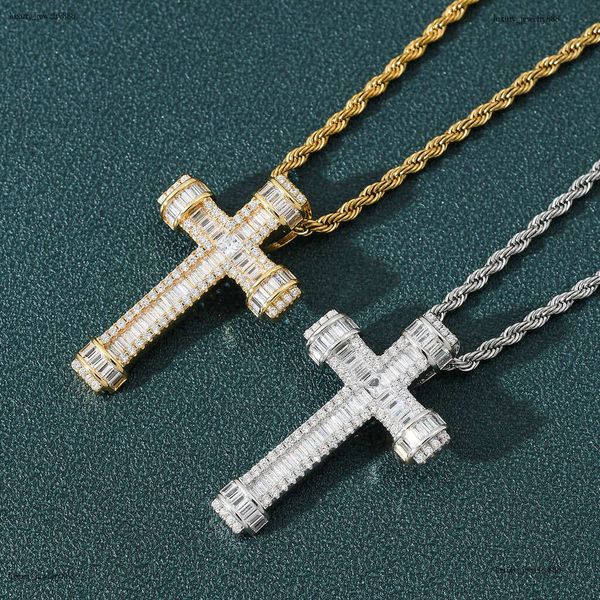 

Luxury Designer Ha Cross Necklace Pendant Sterling Silver Gold Plated Micro Inset T Square Ice out VVS Moissanite Hip Hop Cross Pendant Free shipping