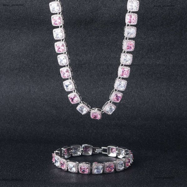 

Designer Luxury 10mm square pink white rock sugar real gold plated ice VVS Moissanite collarbone chain Hip Hop necklace Free delivery