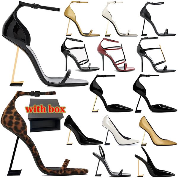 

with box designer sandals women luxury stylish heels high patent leather sandal Strappy open Pointed toe dress shoes Party Wedding Office black gold Pumps, Color#13