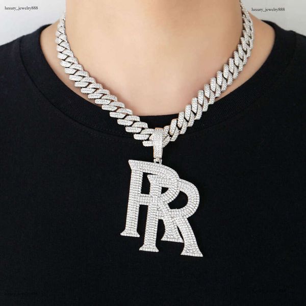 

Luxury designer Double R Pendant Sterling Silver Gold Plated Ice out VVS Moissanite Pendant Hip Hop Men Women's Letter Necklace Cuban Chain Free shipping