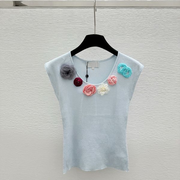 

Designer Women Knits Tees Tank Top Round neck pearl knitted vest Neck Short Sleeve Sweater Knit Fashion Women Tops, Ivory