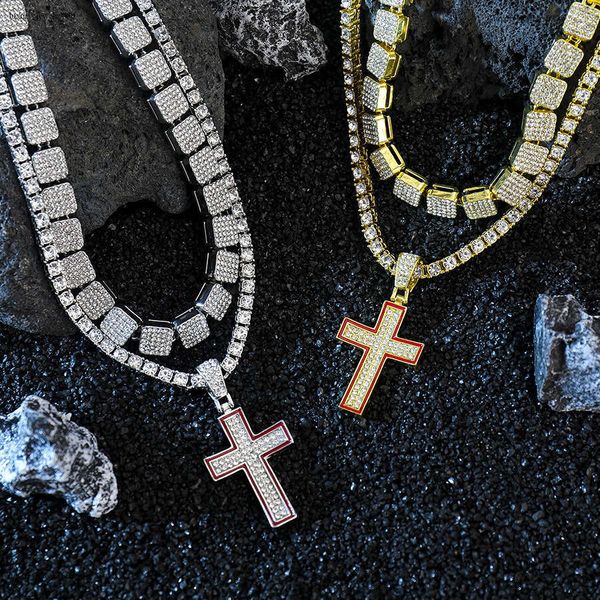 

German Baguette Moissanite chic fashion jewelry Iced eye-catching pearl 925 sterling silver Gothic cross chain necklace Free delivery