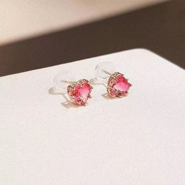 

2025 new fashion light pink smart love ear studs eco-friendly metal pink crystal earrings simple sweet for girl birthday gifts