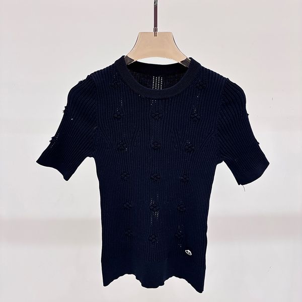 

Designer Women Knits Embroidery lace Tees Tank Top Round neck pearl knitted vest Short Sleeve Sweater Knit Fashion Women Tops, Ivory