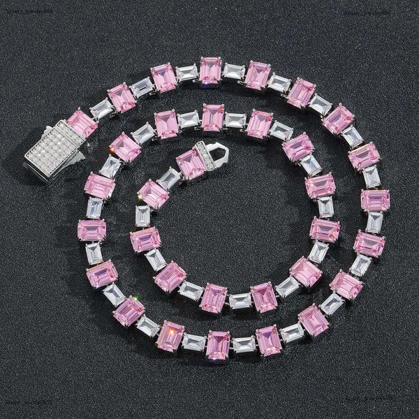 

Luxury designer Pink square ice out VVS Moissanite tennis collarbone chain, hip hop necklace bracelet for men and women Free delivery