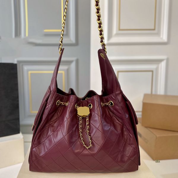 

25c Tote Bag Drawstring Bucket Bag Women Shoulder Bag Leather/Denim Rib Check Gold Hardware Metal Buckle Mattilas Chain Handheld Crossbody Bag Shopping Sacoche 34cm, Pink