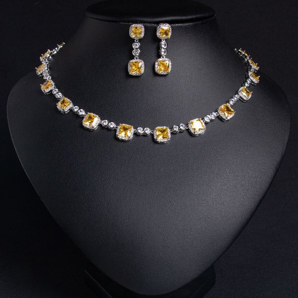 

fashion new square eco-friend brass zircon necklace earrings sweet light luxury niche design niche bridal jewelry set accessories, White