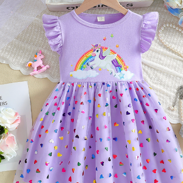 

designer birthday outfit beach princess dress short-sleeved unicorn printed mesh kids clothes baby girl dress.., Purple